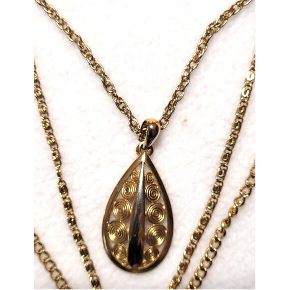 Vtg 70s 3 Strand Necklace Goldtone Teardrop Wire Wrapped Pattern Foldover Clasp - Picture 4 of 6